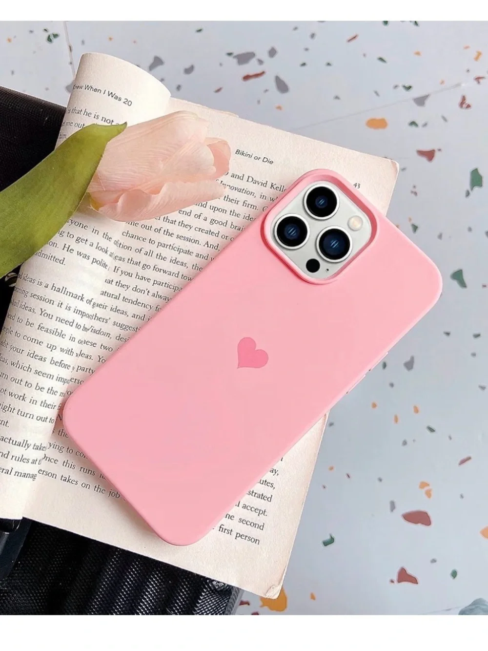 Pink Silicone iPhone 14 Pro Max Case with Heart Accent